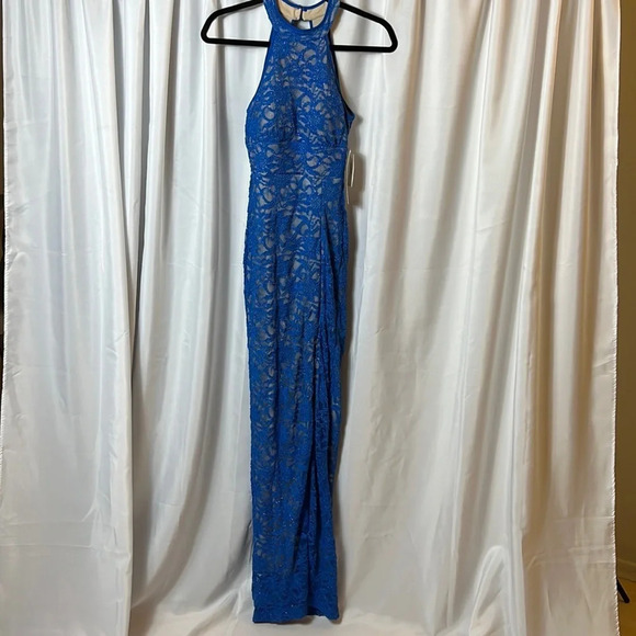 Honey and Rosie Dress Royal Blue Lace with Mesh NWT Size S Halter Formal Dress